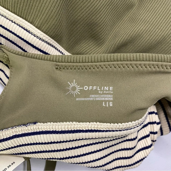 Aerie Striped Color Block Sports Bra NEW green navy cream stripes Offline large - Picture 5 of 7